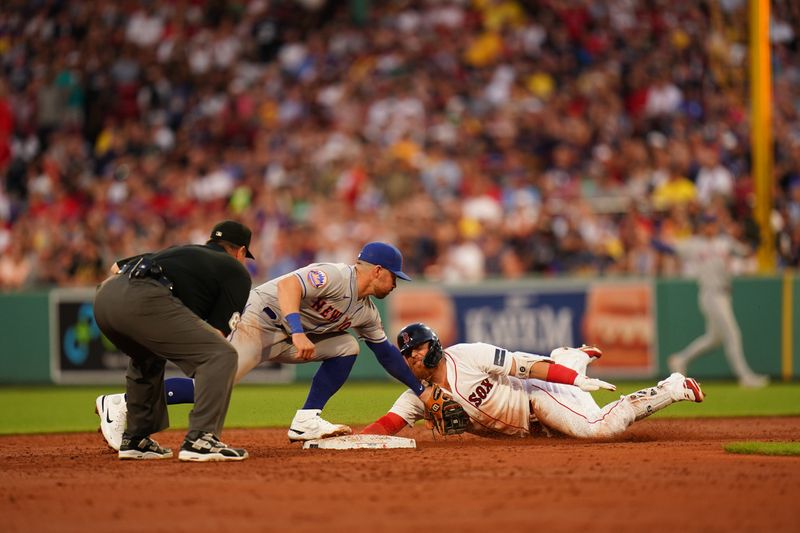 Jul 23, 2023; Boston, Massachusetts, USA; Boston Red Sox designated hitter Justin Turner (2) safe at second with a double against New York Met second baseman Danny Mendick (15) in the third inning at Fenway Park. Mandatory Credit: David Butler II-USA TODAY Sports