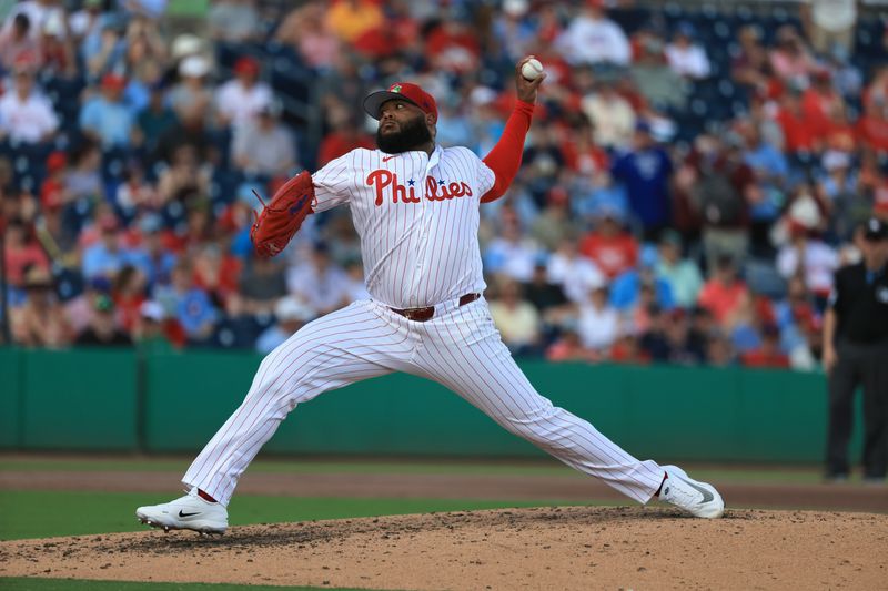 Mar 5, 2026; Clearwater, Florida, USA;  Philadelphia Phillies pitcher Jose Alvarado (46) throws a pitch during the fifth inning against the Boston Red Sox at BayCare Ballpark. Mandatory Credit: Kim Klement Neitzel-Imagn Images