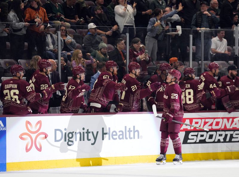 Mar 12, 2023; Tempe, Arizona, USA; Arizona Coyotes center Barrett Hayton (29) celebrates a goal against the Minnesota Wild during the first period at Mullett Arena. Mandatory Credit: Joe Camporeale-USA TODAY Sports