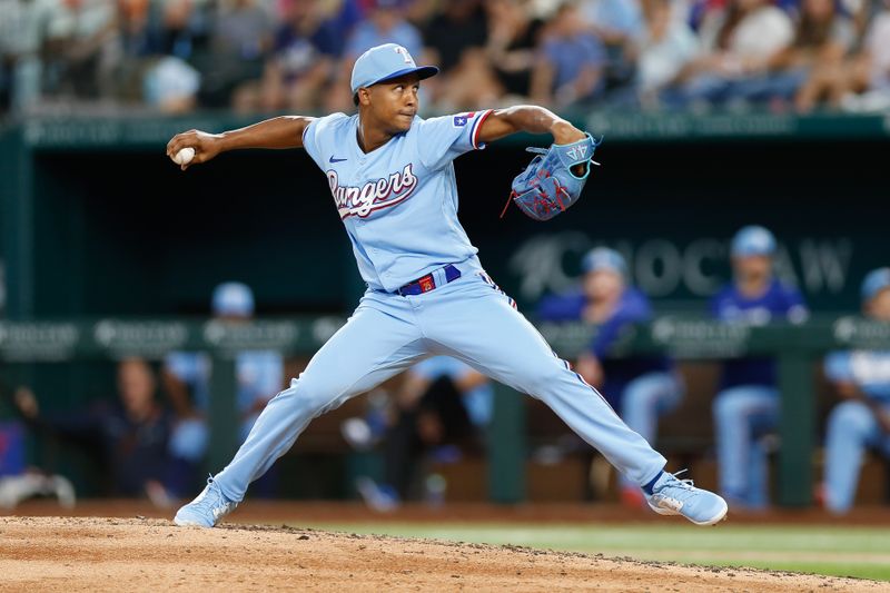 Aug 6, 2023; Arlington, Texas, USA; Texas Rangers relief pitcher Jose Leclerc (25) throws during the eighth inning against the Miami Marlins at Globe Life Field. Mandatory Credit: Andrew Dieb-USA TODAY Sports