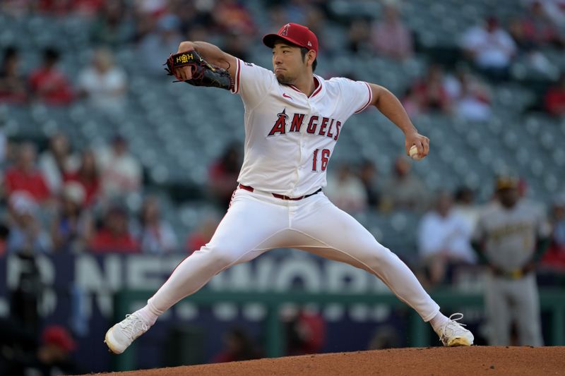 Jun 9, 2025; Anaheim, California, USA;  Los Angeles Angels starting pitcher Yusei Kikuchi (16) delivers to the plate in the first inning Athletics at Angel Stadium. Mandatory Credit: Jayne Kamin-Oncea-Imagn Images