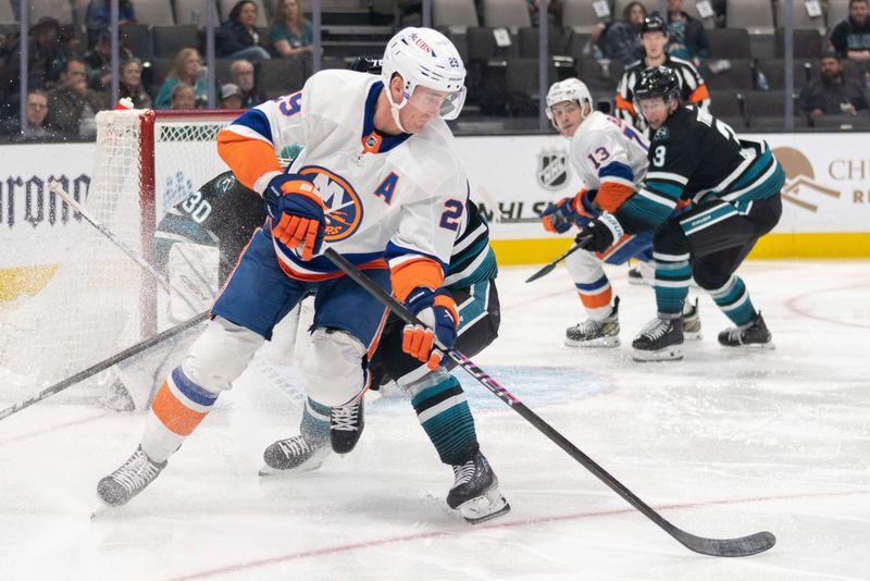 Mar 7, 2024; San Jose, California, USA; New York Islanders center Brock Nelson (29) controls the puck during the third period against the San Jose Sharks at SAP Center at San Jose. Mandatory Credit: Stan Szeto-USA TODAY Sports