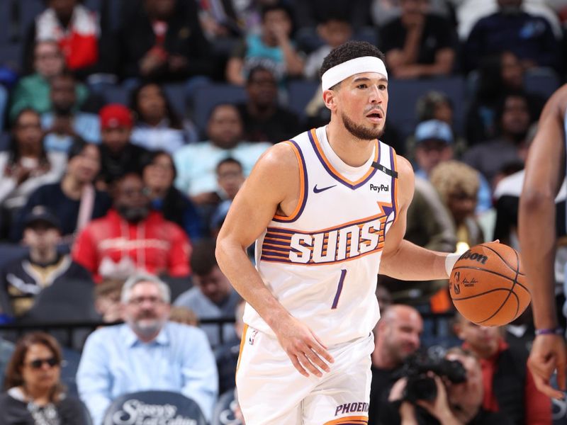 MEMPHIS, TN - FEBRUARY 25: Devin Booker #1 of the Phoenix Suns handles the ball during the game against the Memphis Grizzlies on February 25, 2025 at FedExForum in Memphis, Tennessee. NOTE TO USER: User expressly acknowledges and agrees that, by downloading and or using this photograph, User is consenting to the terms and conditions of the Getty Images License Agreement. Mandatory Copyright Notice: Copyright 2025 NBAE (Photo by Joe Murphy/NBAE via Getty Images)