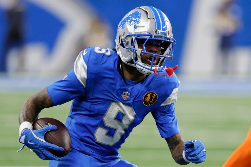 Detroit Lions wide receiver Jameson Williams (9) runs after a catch against the Chicago Bears during the second half of an NFL football game in Detroit, Thursday, Nov. 28, 2024. (AP Photo/Duane Burleson)