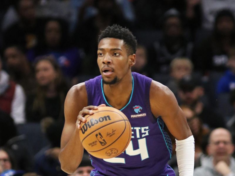 CHARLOTTE, NC - JANUARY 19: Brandon Miller #24 of the Charlotte Hornets handles the ball during the game against the San Antonio Spurs on January 19, 2024 at Spectrum Center in Charlotte, North Carolina. NOTE TO USER: User expressly acknowledges and agrees that, by downloading and or using this photograph, User is consenting to the terms and conditions of the Getty Images License Agreement.  Mandatory Copyright Notice:  Copyright 2024 NBAE (Photo by Brock Williams-Smith/NBAE via Getty Images)