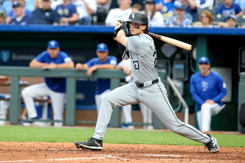 Jul 20, 2024; Kansas City, Missouri, USA; Chicago White Sox second baseman Brooks Baldwin (27) bats against the Kansas City Royals during the seventh inning at Kauffman Stadium. Mandatory Credit: Scott Sewell-USA TODAY Sports