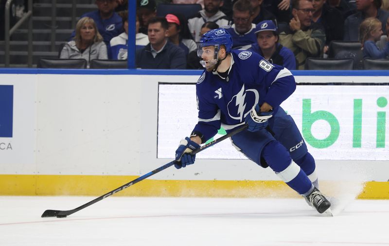 Oct 30, 2025; Tampa, Florida, USA; Tampa Bay Lightning defenseman Erik Cernak (81) skates with the puck against the Dallas Stars during the second period at Benchmark International Arena. Mandatory Credit: Kim Klement Neitzel-Imagn Images