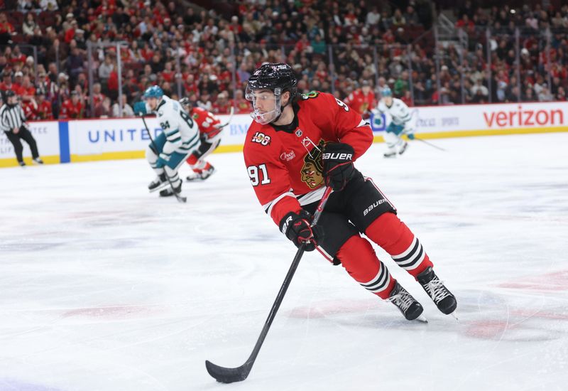 Feb 2, 2026; Chicago, Illinois, USA; Chicago Blackhawks center Frank Nazar (91) skates with the puck during the first period against the San Jose Sharks at United Center. Mandatory Credit: Talia Sprague-Imagn Images Feb 2, 2026; Chicago, Illinois, USA; Chicago Blackhawks center Frank Nazar (91) skates with the puck during the first period against the San Jose Sharks at United Center. Mandatory Credit: Talia Sprague-Imagn Images