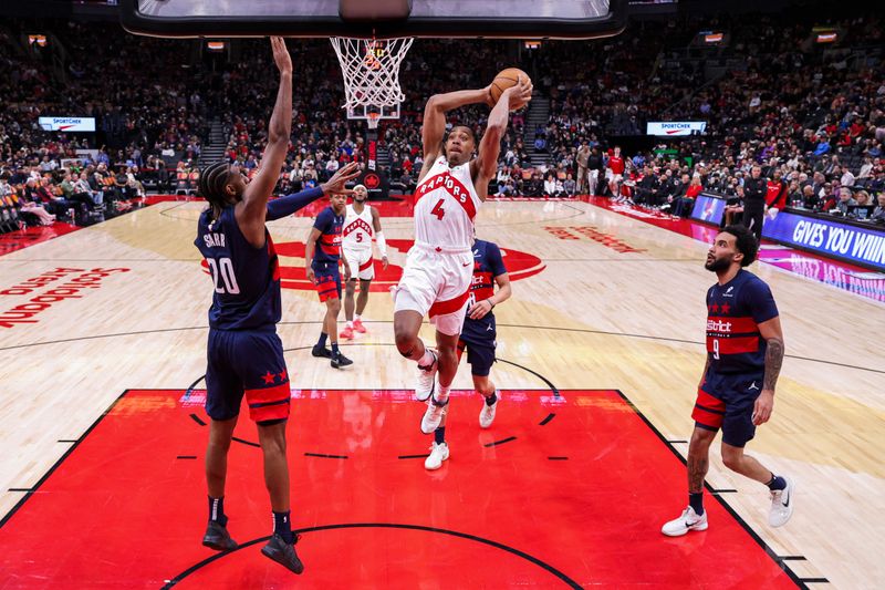 TORONTO, CANADA - MARCH 10: Scottie Barnes #4 of the Toronto Raptors dunks the ball during the game against the Washington Wizards on March 10, 2025 at the Scotiabank Arena in Toronto, Ontario, Canada.  NOTE TO USER: User expressly acknowledges and agrees that, by downloading and or using this Photograph, user is consenting to the terms and conditions of the Getty Images License Agreement.  Mandatory Copyright Notice: Copyright 2025 NBAE (Photo by Vaughn Ridley/NBAE via Getty Images)