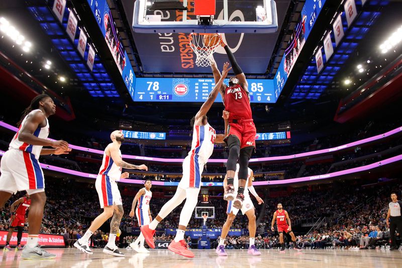 DETROIT, MI - MARCH 17: Bam Adebayo #13 of the Miami Heat goes to the basket during the game on March 17, 2024 at Little Caesars Arena in Detroit, Michigan. NOTE TO USER: User expressly acknowledges and agrees that, by downloading and/or using this photograph, User is consenting to the terms and conditions of the Getty Images License Agreement. Mandatory Copyright Notice: Copyright 2024 NBAE (Photo by Brian Sevald/NBAE via Getty Images)