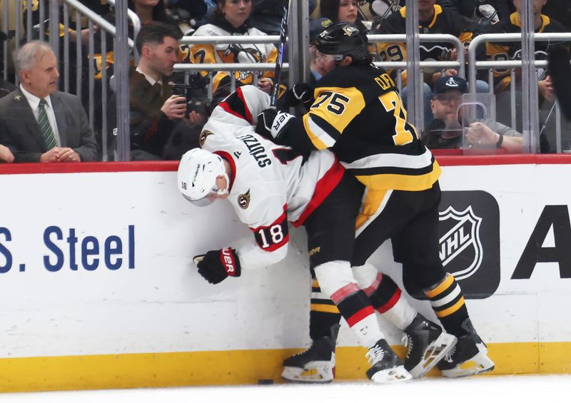 Feb 2, 2026; Pittsburgh, Pennsylvania, USA;  Pittsburgh Penguins defenseman Connor Clifton (75) checks Ottawa Senators center Tim Stützle (18) during the third period  at PPG Paints Arena. Mandatory Credit: Charles LeClaire-Imagn Images