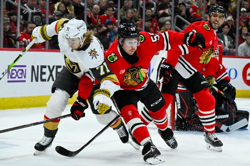 Jan 18, 2025; Chicago, Illinois, USA;  Chicago Blackhawks left wing Tyler Bertuzzi (59),  defenseman Seth Jones (4) and Vegas Golden Knights center William Karlsson (71) chase the puck during the first period at United Center. Mandatory Credit: Matt Marton-Imagn Images