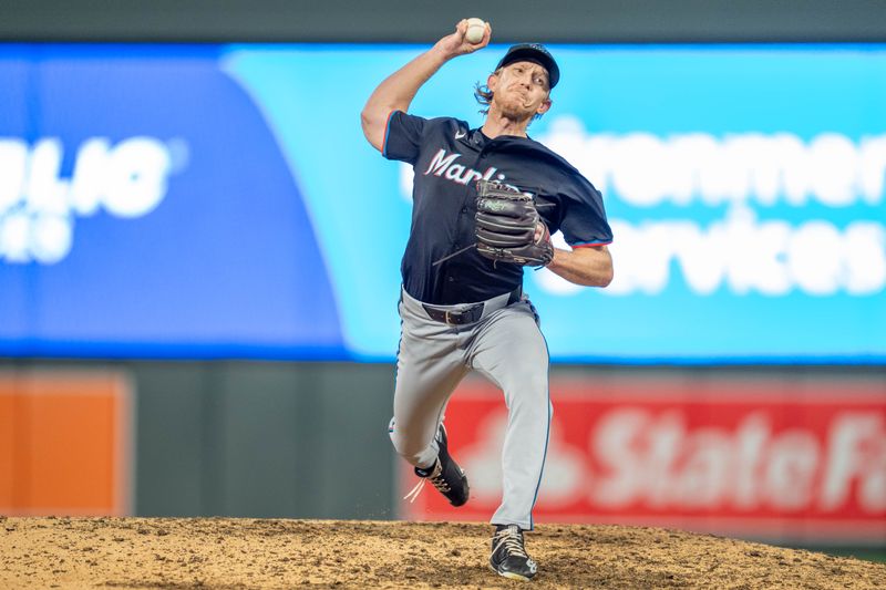 Sep 26, 2024; Minneapolis, Minnesota, USA; Miami Marlins pitcher Darren McCaughan (68) pitches in the 13th inning against the Minnesota Twins at Target Field. Mandatory Credit: Matt Blewett-Imagn Images