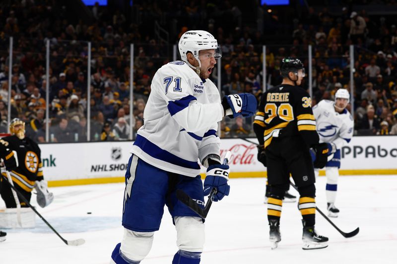 Oct 13, 2025; Boston, Massachusetts, USA; Tampa Bay Lightning center Anthony Cirelli (71) celebrates his second goal of the game during the first period against the Boston Bruins at TD Garden. Mandatory Credit: Winslow Townson-Imagn Images