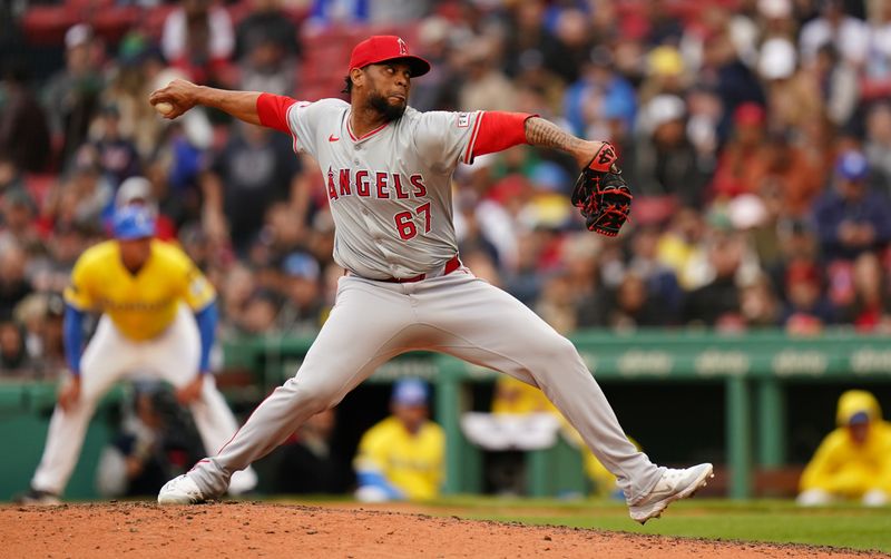 Apr 14, 2024; Boston, Massachusetts, USA; Los Angeles Angels relief pitcher Jose Cisnero (67) throws a pitch against the Boston Red Sox in the eighth inning at Fenway Park. Mandatory Credit: David Butler II-USA TODAY Sports