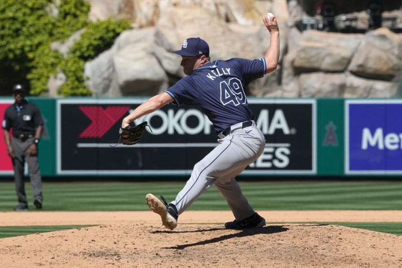 Apr 10, 2024; Anaheim, California, USA; Tampa Bay Rays pitcher Kevin Kelly (49) throws in the sixth inning against the Los Angeles Angels at Angel Stadium. Mandatory Credit: Kirby Lee-USA TODAY Sports