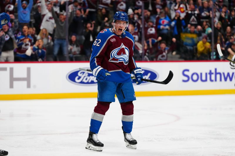 Nov 5, 2024; Denver, Colorado, USA; Colorado Avalanche left wing Artturi Lehkonen (62) celebrates scoring in the second period against the Seattle Kraken at Ball Arena. Mandatory Credit: Ron Chenoy-Imagn Images