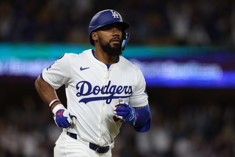 Apr 28, 2025; Los Angeles, California, USA; Los Angeles Dodgers outfielder Teoscar Hernandez (37) rounds the bases after hitting a two-run home run during the third inning against the Miami Marlins at Dodger Stadium. Mandatory Credit: Jason Parkhurst-Imagn Images