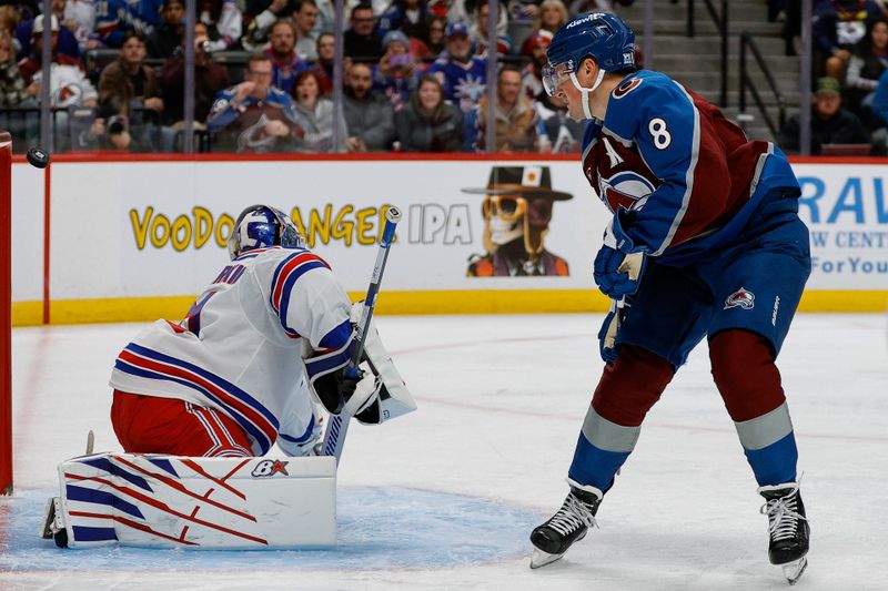Nov 20, 2025; Denver, Colorado, USA; Colorado Avalanche defenseman Cale Makar (8) hits the post against New York Rangers goaltender Igor Shesterkin (31) in the second period at Ball Arena. Mandatory Credit: Isaiah J. Downing-Imagn Images
