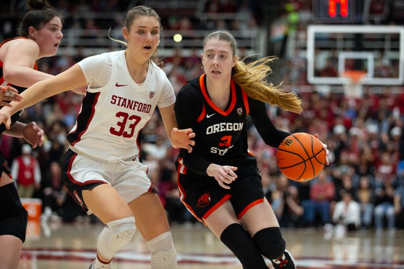 Jan 21, 2024; Stanford, California, USA; Oregon State Beavers guard Dominika Paurova (3) drives around Stanford Cardinal guard Hannah Jump (33) during the second quarter at Maples Pavilion. Mandatory Credit: D. Ross Cameron-USA TODAY Sports