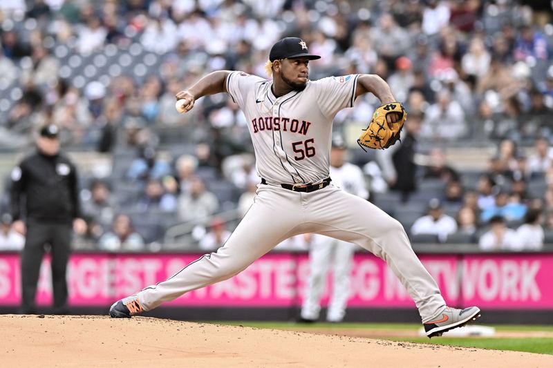 May 9, 2024; Bronx, New York, USA; Houston Astros pitcher Ronel Blanco (56) pitches during the first inning against the New York Yankees at Yankee Stadium. Mandatory Credit: John Jones-USA TODAY Sports