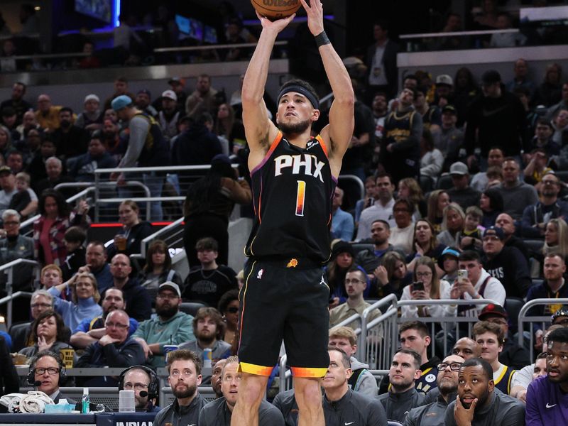 INDIANAPOLIS, INDIANA - JANUARY 26: Devin Booker #1 of the Phoenix Suns shoots the ball against the Indiana Pacers during the first half at Gainbridge Fieldhouse on January 26, 2024 in Indianapolis, Indiana.    NOTE TO USER: User expressly acknowledges and agrees that, by downloading and or using this photograph, User is consenting to the terms and conditions of the Getty Images License Agreement.  (Photo by Andy Lyons/Getty Images)