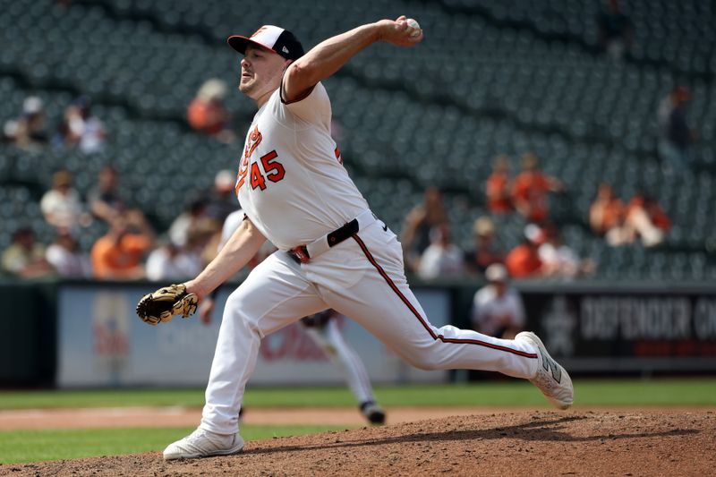 Jun 29, 2025; Baltimore, Maryland, USA; Baltimore Orioles pitcher Keegan Akin (45) throws during the eighth inning against the Tampa Bay Rays at Oriole Park at Camden Yards. Mandatory Credit: Daniel Kucin Jr.-Imagn Images