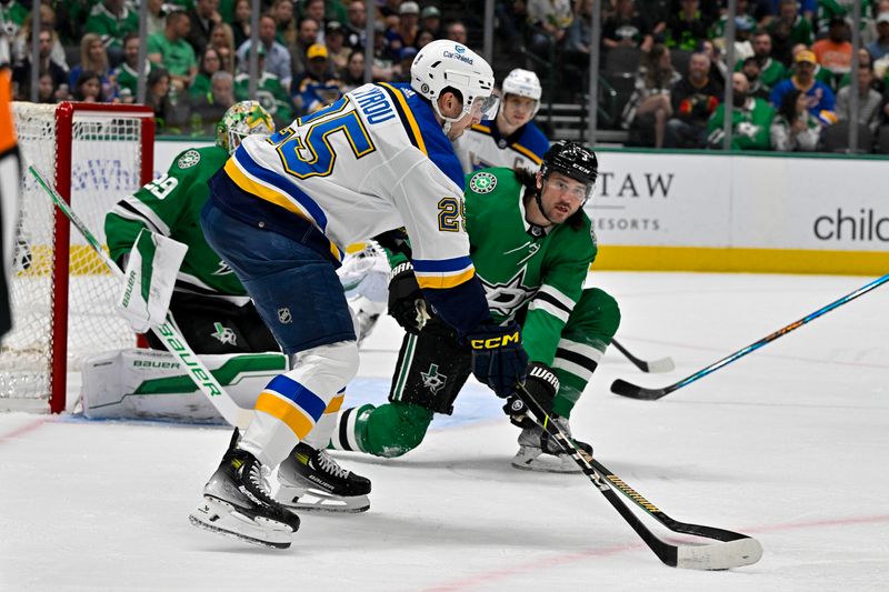 Apr 17, 2024; Dallas, Texas, USA; Dallas Stars defenseman Chris Tanev (3) blocks a pass by St. Louis Blues center Jordan Kyrou (25) during the first period at the American Airlines Center. Mandatory Credit: Jerome Miron-USA TODAY Sports