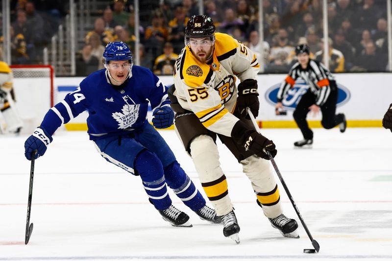 Mar 7, 2024; Boston, Massachusetts, USA; Boston Bruins right wing Justin Brazeau (55) looks to pass as he gets by Toronto Maple Leafs center Bobby McMann (74) during the third period at TD Garden. Mandatory Credit: Winslow Townson-USA TODAY Sports