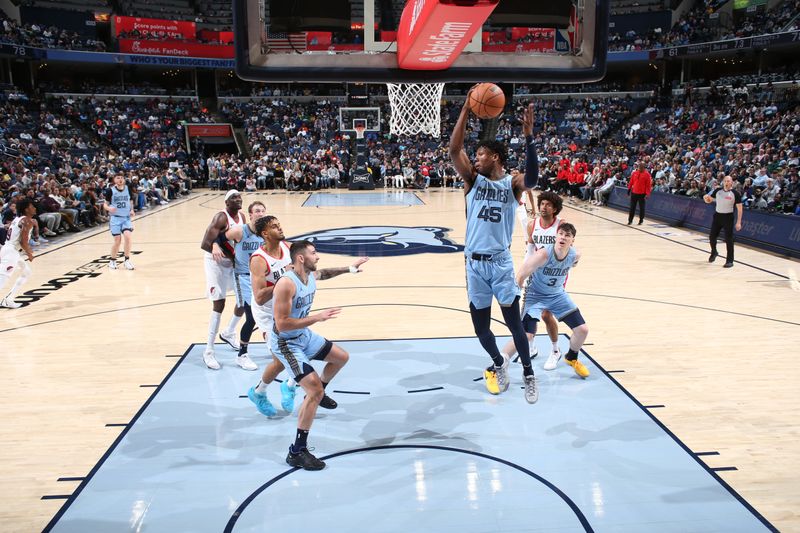 MEMPHIS, TN - MARCH 2: GG Jackson #45 of the Memphis Grizzlies grabs a rebound during the game against the Portland Trail Blazers on March 2, 2024 at FedExForum in Memphis, Tennessee. NOTE TO USER: User expressly acknowledges and agrees that, by downloading and or using this photograph, User is consenting to the terms and conditions of the Getty Images License Agreement. Mandatory Copyright Notice: Copyright 2024 NBAE (Photo by Joe Murphy/NBAE via Getty Images)