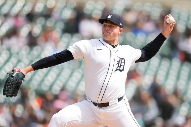 Apr 20, 2025; Detroit, Michigan, USA; Detroit Tigers pitcher Tarik Skubal (29) throws against the Kansas City Royals in the first inning at Comerica Park. Mandatory Credit: Aaron Doster-Imagn Images