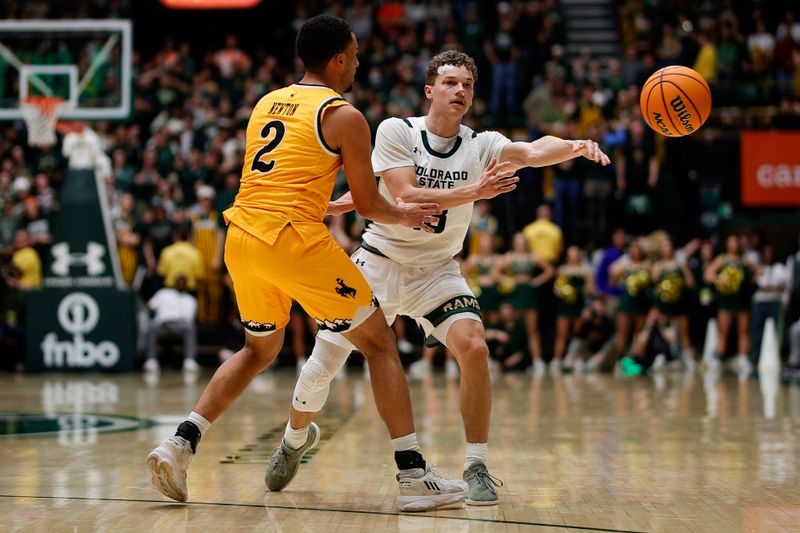 Feb 15, 2025; Fort Collins, Colorado, USA; Colorado State Rams guard Bowen Born (13) passes the ball as Wyoming Cowboys guard Kobe Newton (2) guards in the second half at Moby Arena. Mandatory Credit: Isaiah J. Downing-Imagn Images