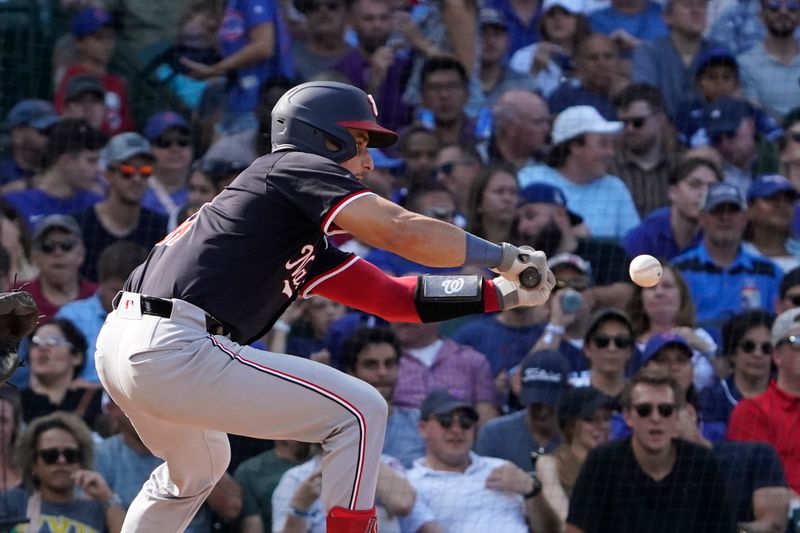 Sep 20, 2024; Chicago, Illinois, USA; Washington Nationals catcher Drew Millas (81) hits a bunt single against the Chicago Cubs during the seventh inning at Wrigley Field. Mandatory Credit: David Banks-Imagn Images