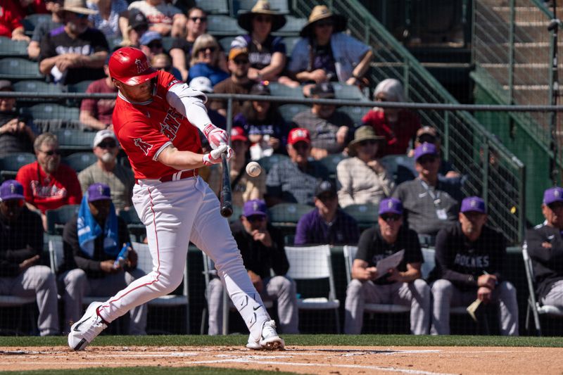 Mar 8, 2024; Tempe, Arizona, USA; Los Angeles Angels infielder Brandon Drury (23) at bat in the first during a spring training game against the Colorado Rockies at Tempe Diablo Stadium. Mandatory Credit: Allan Henry-USA TODAY Sports