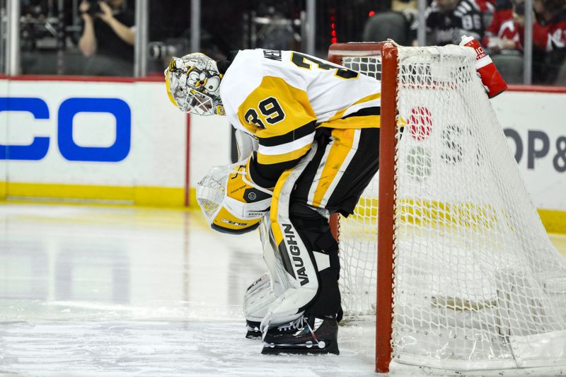 Apr 2, 2024; Newark, New Jersey, USA; Pittsburgh Penguins goaltender Alex Nedeljkovic (39) during the second period against the New Jersey Devils at Prudential Center. Mandatory Credit: John Jones-USA TODAY Sports