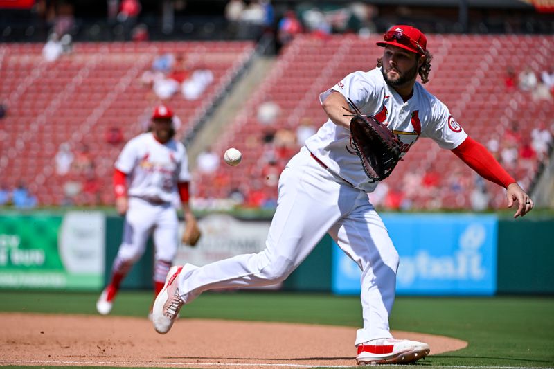 Aug 22, 2024; St. Louis, Missouri, USA;  St. Louis Cardinals first baseman Alec Burleson (41) fields a ground ball against the Milwaukee Brewers during the sixth inning at Busch Stadium. Mandatory Credit: Jeff Curry-USA TODAY Sports