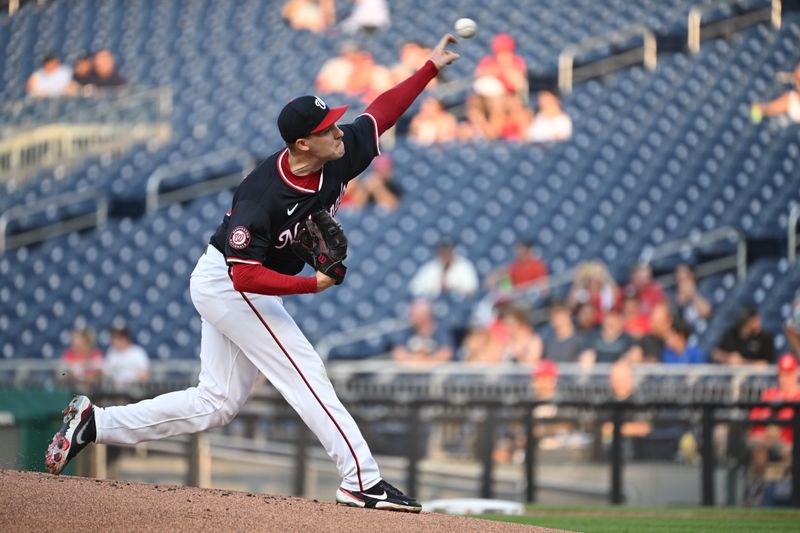 Aug 5, 2024; Washington, District of Columbia, USA; Washington Nationals starting pitcher Patrick Corbin (46) throws a pitch against the San Francisco Giants during the first inning at Nationals Park. Mandatory Credit: Rafael Suanes-USA TODAY Sports