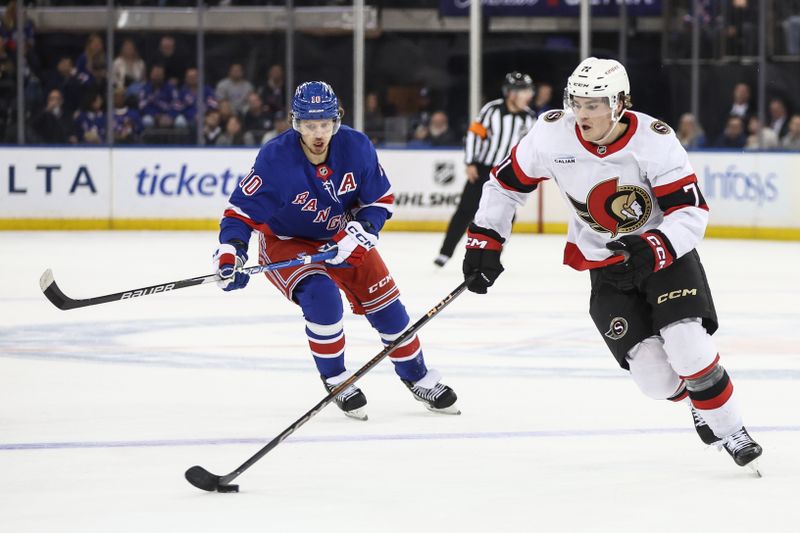 Nov 1, 2024; New York, New York, USA;  New York Rangers left wing Artemi Panarin (10) and Ottawa Senators center Ridly Greig (71) chase after the puck in the first period at Madison Square Garden. Mandatory Credit: Wendell Cruz-Imagn Images