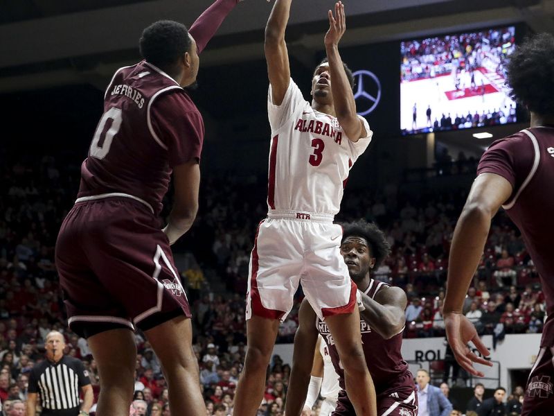 Feb 3, 2024; Tuscaloosa, Alabama, USA;  Alabama guard Rylan Griffen (3) shoots over Mississippi State forward D.J. Jeffries (0) at Coleman Coliseum. Mandatory Credit: Gary Cosby Jr.-USA TODAY Sports