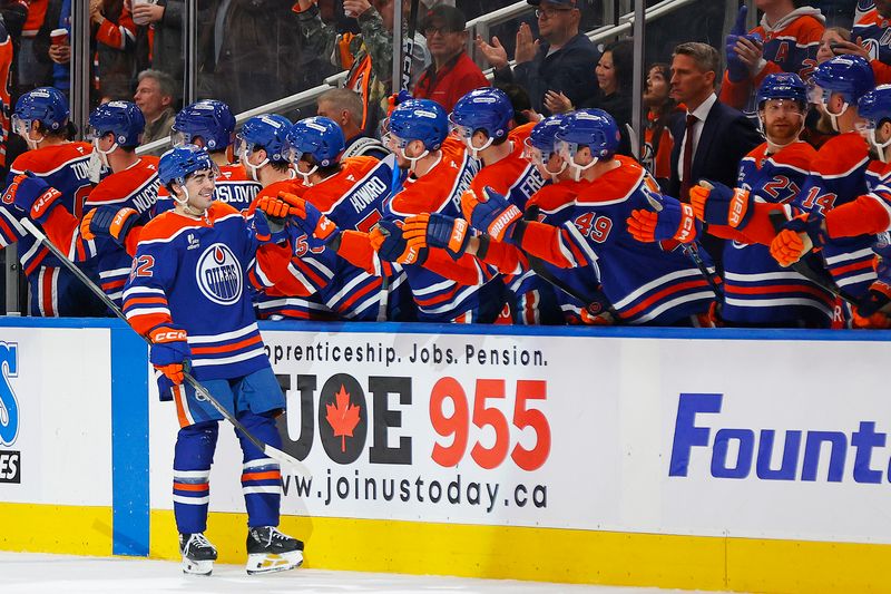 Oct 30, 2025; Edmonton, Alberta, CAN; The Edmonton Oilers celebrate a goal scored by forward Matt Savoie (22) during the second period against the New York Rangers at Rogers Place. Mandatory Credit: Perry Nelson-Imagn Images