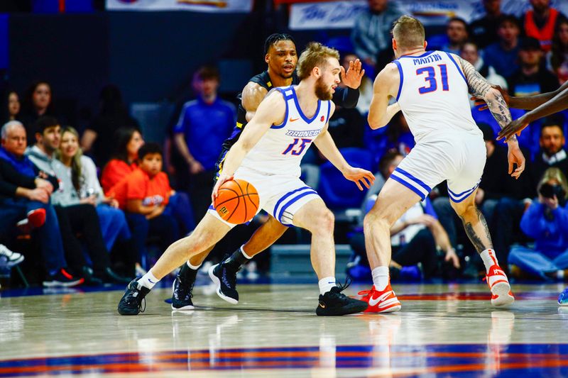 Feb 20, 2024; Boise, Idaho, USA;  Boise State Broncos guard Jace Whiting (15) during the first half against the San Jose State Spartans at ExtraMile Arena. Mandatory Credit: Brian Losness-USA TODAY Sports