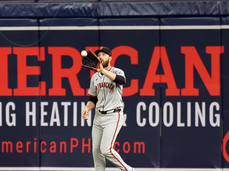 Apr 12, 2024; St. Petersburg, Florida, USA; San Francisco Giants outfielder Mike Yastrzemski (5) catches a fly ball against the Tampa Bay Rays during the seventh inning at Tropicana Field. Mandatory Credit: Kim Klement Neitzel-USA TODAY Sports