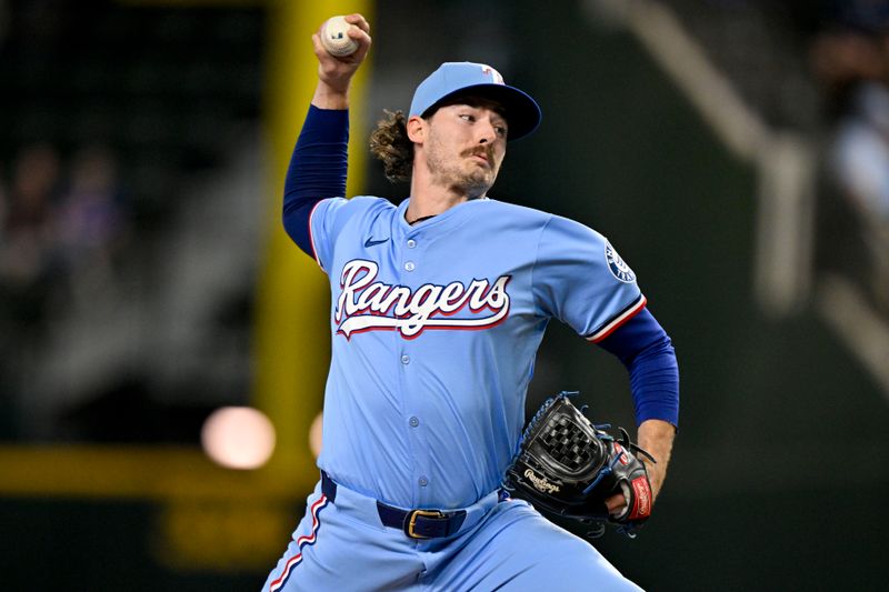 Sep 21, 2025; Arlington, Texas, USA; Texas Rangers relief pitcher Cole Winn (60) pitches against the Miami Marlins during the sixth inning at Globe Life Field. Mandatory Credit: Jerome Miron-Imagn Images