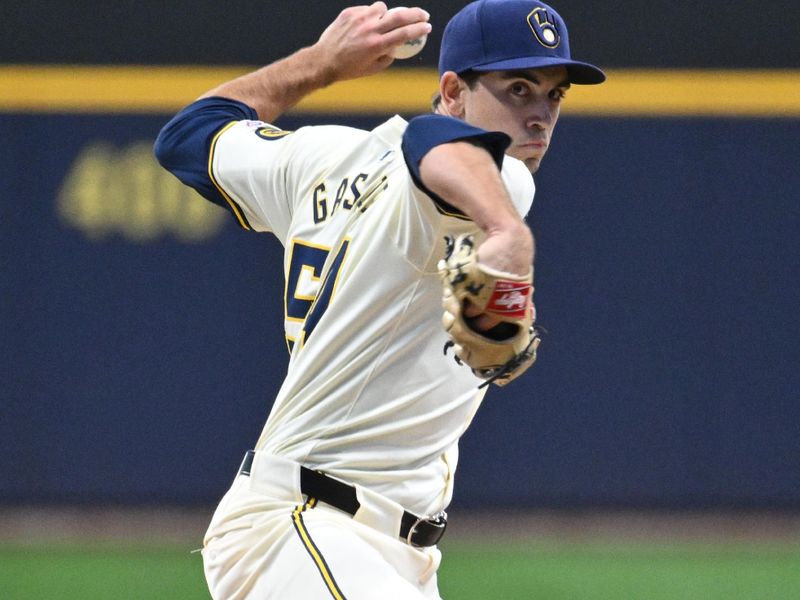 May 10, 2024; Milwaukee, Wisconsin, USA;  Milwaukee Brewers pitcher Robert Gasser (54) delivers a pitch against the St. Louis Cardinals in the first inning at American Family Field. Mandatory Credit: Michael McLoone-USA TODAY Sports