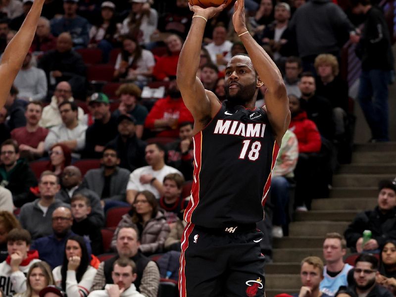 CHICAGO, ILLINOIS - FEBRUARY 04: Alec Burks #18 of the Miami Heat in action against the Chicago Bulls at the United Center on February 04, 2025 in Chicago, Illinois. NOTE TO USER: User expressly acknowledges and agrees that, by downloading and or using this photograph, user is consenting to the terms and conditions of the Getty Images License Agreement.  (Photo by Luke Hales/Getty Images)