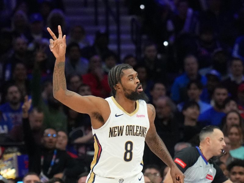 PHILADELPHIA, PA - MARCH 8: Naji Marshall #8 of the New Orleans Pelicans celebrates during the game against the Philadelphia 76ers on March 8, 2024 at the Wells Fargo Center in Philadelphia, Pennsylvania NOTE TO USER: User expressly acknowledges and agrees that, by downloading and/or using this Photograph, user is consenting to the terms and conditions of the Getty Images License Agreement. Mandatory Copyright Notice: Copyright 2024 NBAE (Photo by Jesse D. Garrabrant/NBAE via Getty Images)