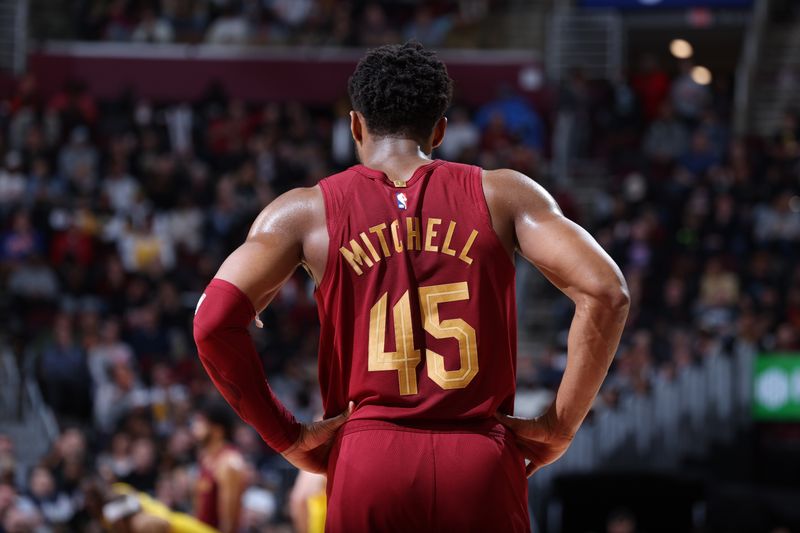 CLEVELAND, OH - APRIL 12: Donovan Mitchell #45 of the Cleveland Cavaliers looks on during the game against the Indiana Pacers on April 12, 2024 at Rocket Mortgage FieldHouse in Cleveland, Ohio. NOTE TO USER: User expressly acknowledges and agrees that, by downloading and/or using this Photograph, user is consenting to the terms and conditions of the Getty Images License Agreement. Mandatory Copyright Notice: Copyright 2024 NBAE (Photo by Jeff Haynes/NBAE via Getty Images)