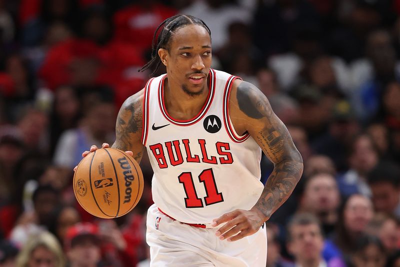 CHICAGO, ILLINOIS - MARCH 11: DeMar DeRozan #11 of the Chicago Bulls dribbles up the court against the Dallas Mavericks during the second half at the United Center on March 11, 2024 in Chicago, Illinois. NOTE TO USER: User expressly acknowledges and agrees that, by downloading and or using this photograph, User is consenting to the terms and conditions of the Getty Images License Agreement.  (Photo by Michael Reaves/Getty Images)