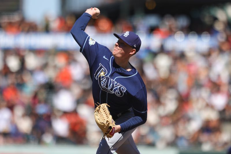 Aug 16, 2023; San Francisco, California, USA; Tampa Bay Rays relief pitcher Pete Fairbanks (29) throws against the San Francisco Giants during the ninth inning at Oracle Park. Mandatory Credit: Sergio Estrada-USA TODAY Sports