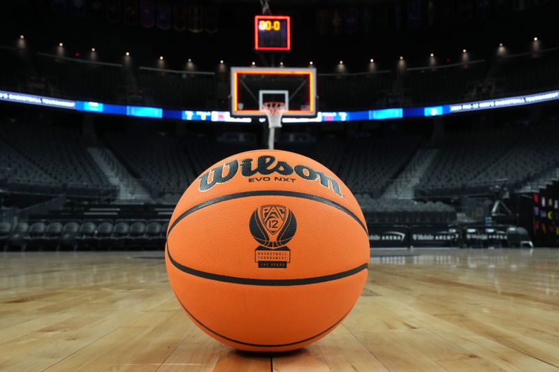 Mar 15, 2024; Las Vegas, NV, USA; A NCAA Wilson evo NXT official game basketball with the Pac-12 Conference logo at T-Mobile Arena. Mandatory Credit: Kirby Lee-USA TODAY Sports